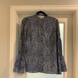 Michael Kors Blue and White Bell Sleeve Mock Neck Top